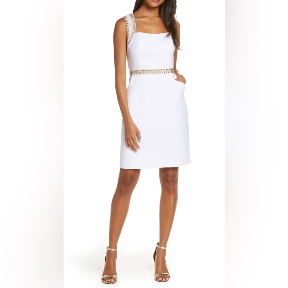 Lilly Pulitzer Dana Embellished Stretch Piqué Sheath Dress In Resort White